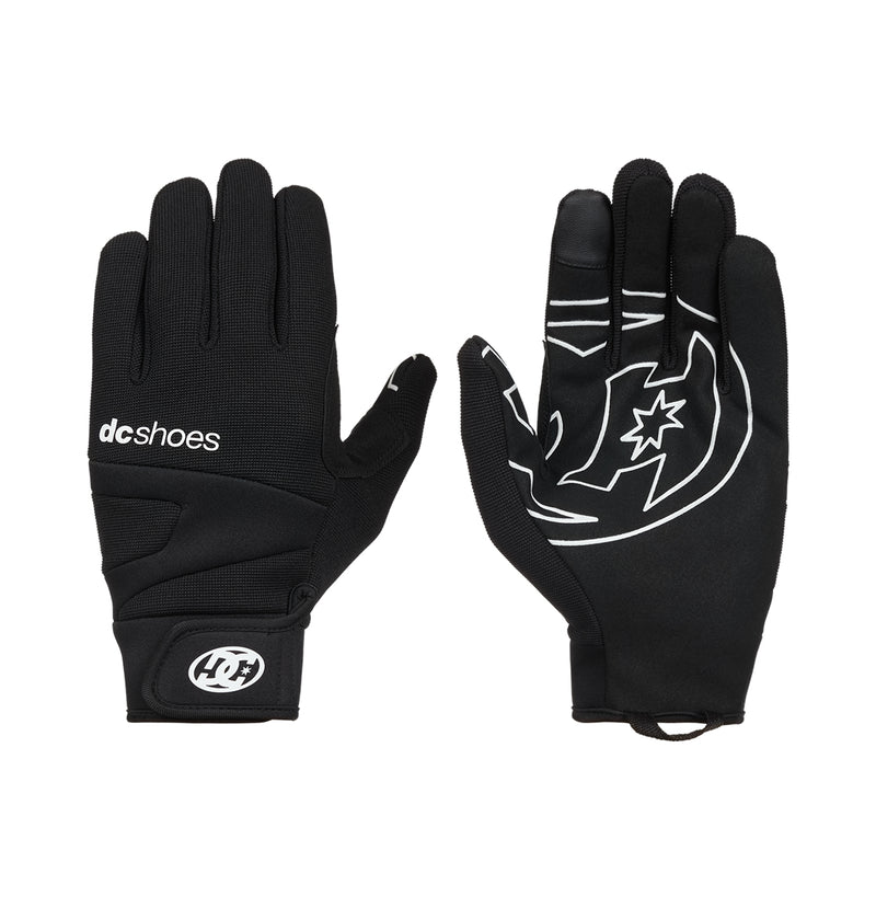Two Trackstar Park Gloves by DC Shoes are displayed, one palm up and one palm down. The black gloves feature white DC Shoes logos on the back and palm, offering insulated warmth for cold weather.
