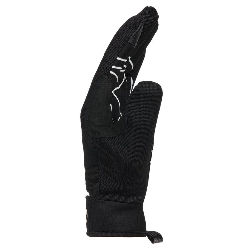 The DC Shoes Trackstar Park Gloves are shown upright in black, with the index and middle fingers extended while the thumb holds down the ring and pinky fingers. These gloves have a textured surface, white accents, and provide insulated warmth for cold conditions.