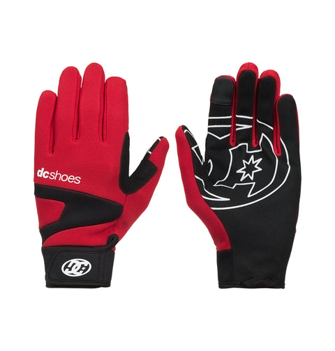 A pair of DC Shoes Trackstar Park Gloves in red and black, displayed palm up and palm down. The back features a white dcshoes logo, while the palm side showcases a white graphic design. Designed with insulated warmth, these gloves are perfect for keeping your hands comfortable in chilly conditions.