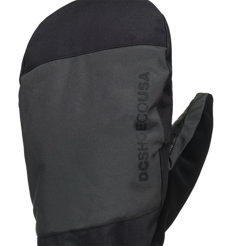A close-up of the Franchise Mitts 10K by DC Shoes, featuring a black and gray design with DCSHOECOUSA printed vertically on the gray section, crafted for insulated warmth and dependable weather protection.