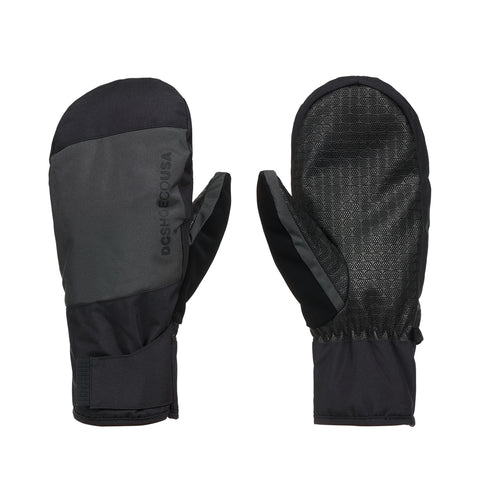 A pair of DC Shoes Franchise Mitts 10K in black and dark gray are displayed, designed for insulated warmth, with one mitten showing a textured grip on the palm side and the other revealing the back adorned with a subtle DC logo.
