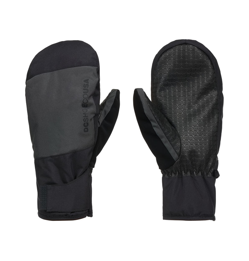 A pair of DC Shoes Franchise Mitts 10K in black and dark gray are displayed, designed for insulated warmth, with one mitten showing a textured grip on the palm side and the other revealing the back adorned with a subtle DC logo.