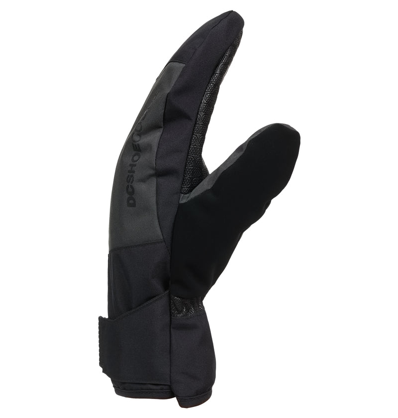 The Franchise Mitts 10K from DC Shoes is a black, three-finger glove featuring a textured surface and insulated warmth for cold weather. Shown from the side with the thumb and index finger separated from the remaining fingers, it’s designed to provide reliable protection in harsh conditions.