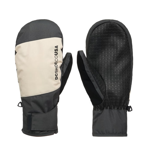 A pair of black, grey, and beige DC Shoes Franchise Mitts 10K winter mittens featuring DCSHOECOUSA text on one; designed for insulated warmth and weather protection, with one mitten showing a textured grip palm and the other revealing the branded back.