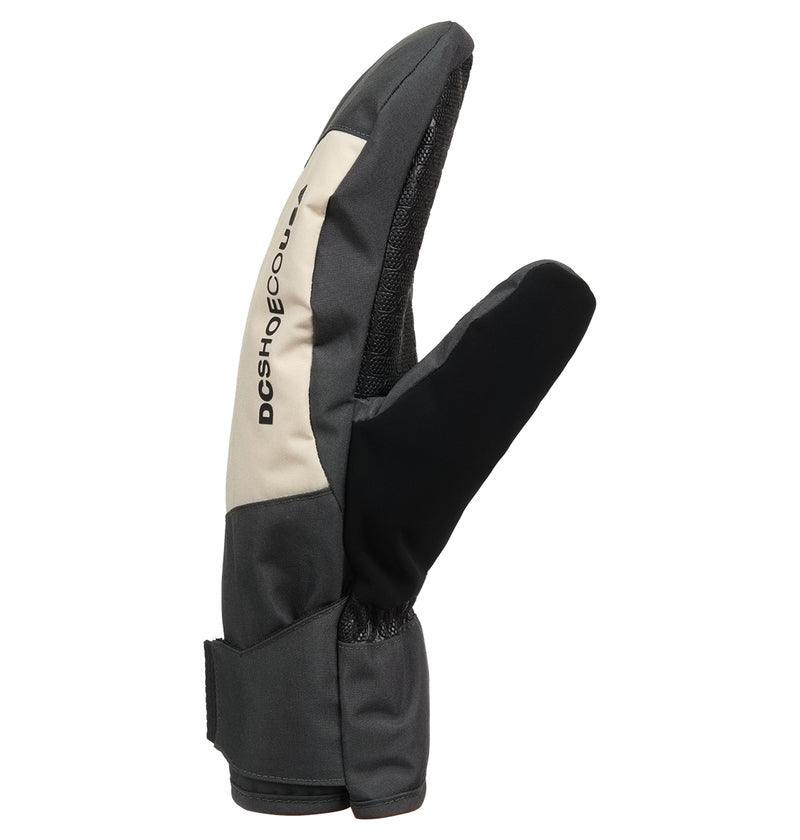 The DC Shoes Franchise Mitts 10K are black and beige snow gloves with a separate index finger, featuring “DCSHOECOUSA” printed on the side. These mitts offer insulated warmth and weather protection, a textured palm for grip, and an adjustable wrist strap for a secure fit.