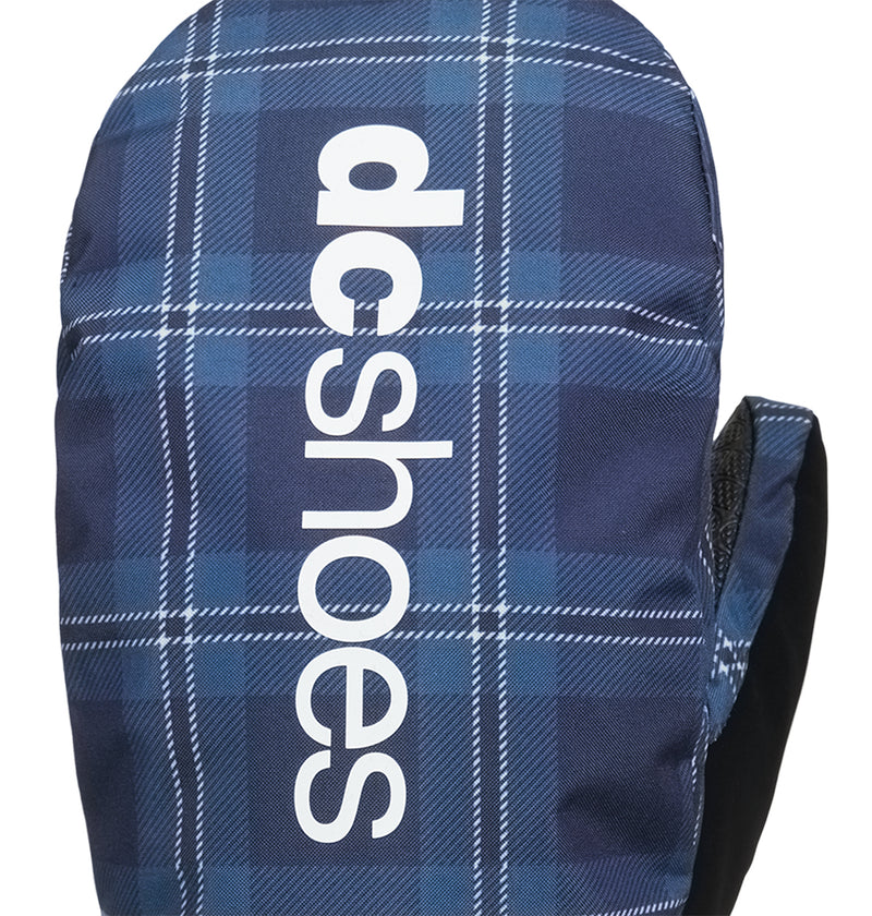 The DC Shoes Franchise Print Mitts 10K are blue plaid mittens featuring the DC Shoes logo in bold white vertical lettering on top, designed for insulated warmth and reliable weather protection.