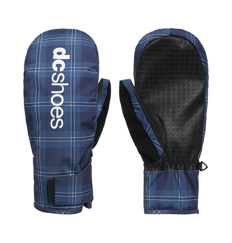 A pair of Franchise Print Mitts 10K by DC Shoes in blue plaid, crafted for weather protection, featuring the brand’s logo and signature plaid pattern on one mitten and a black textured palm on the other.