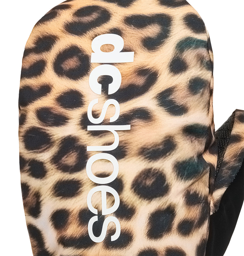 The DC Shoes Franchise Print Mitts 10K feature a bold leopard print and the signature “dcshoes” logo printed vertically in white, providing insulated warmth and reliable weather protection—perfect for snow sports.
