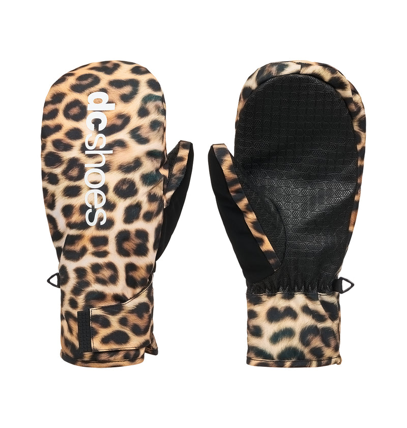 Franchise Print Mitts 10K by DC Shoes feature a brown and black leopard print pattern and provide insulated warmth for chilly days. “DC Shoes” is printed in white letters on the left mitt. Both snow gloves are displayed palm up and palm down against a white background.