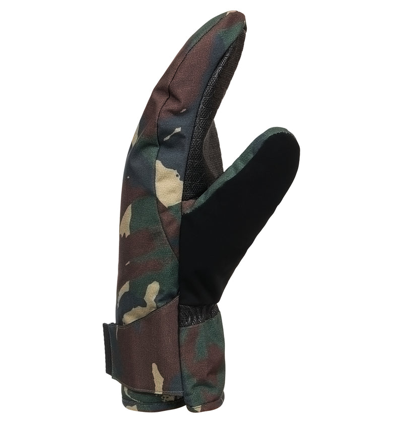 The DC Shoes Franchise Print Mitts 10K features a single camouflage-patterned mitten with a black palm and thumb, a Velcro strap at the wrist, and a separated index finger for enhanced dexterity—engineered to provide insulated warmth and exceptional weather protection, making it an ideal snow glove choice.
