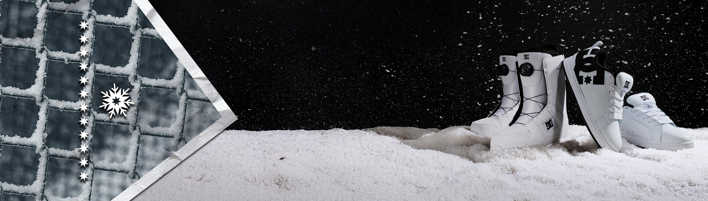 White DC snowboard boots and Court Graffik sneakers on white snow in front of a starry backdrop with a frosted pane of glass on the left
