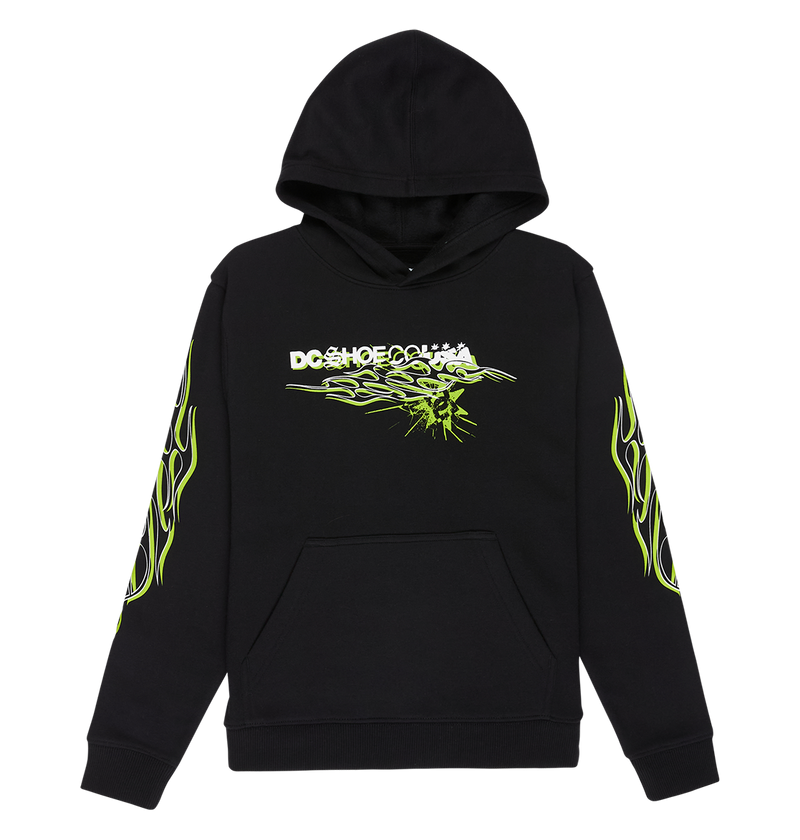 Introducing the Side Flame Hoodie Youth by DC Shoes—a black pullover hoodie featuring a front pocket, neon green flame graphics running down both sleeves, and bold stylized white and green "DC" graphics text across the chest.