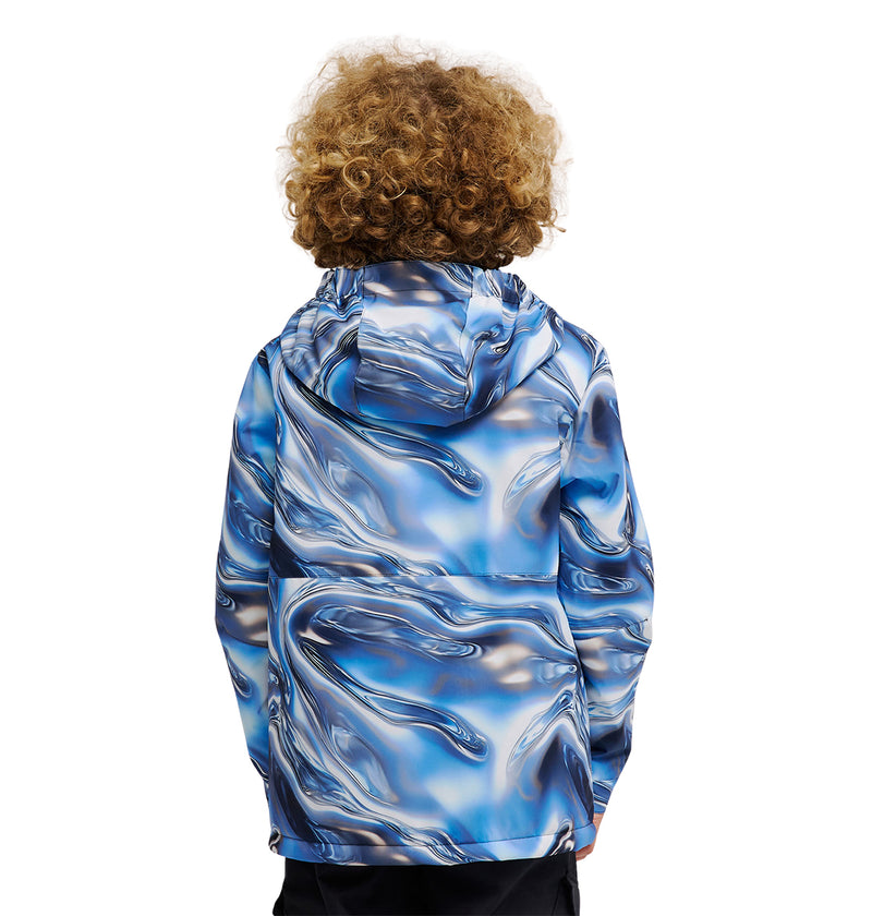 A child with curly hair, seen from behind, wears a blue and silver marbled-pattern Basis Youth Jacket by DC Shoes with a hood.