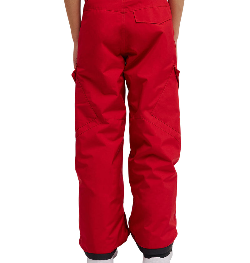 A person is shown from the back wearing DC Shoes Banshee Youth Pants in bright red. The insulated pants feature both side and back pockets, and the individual is standing against a white background.