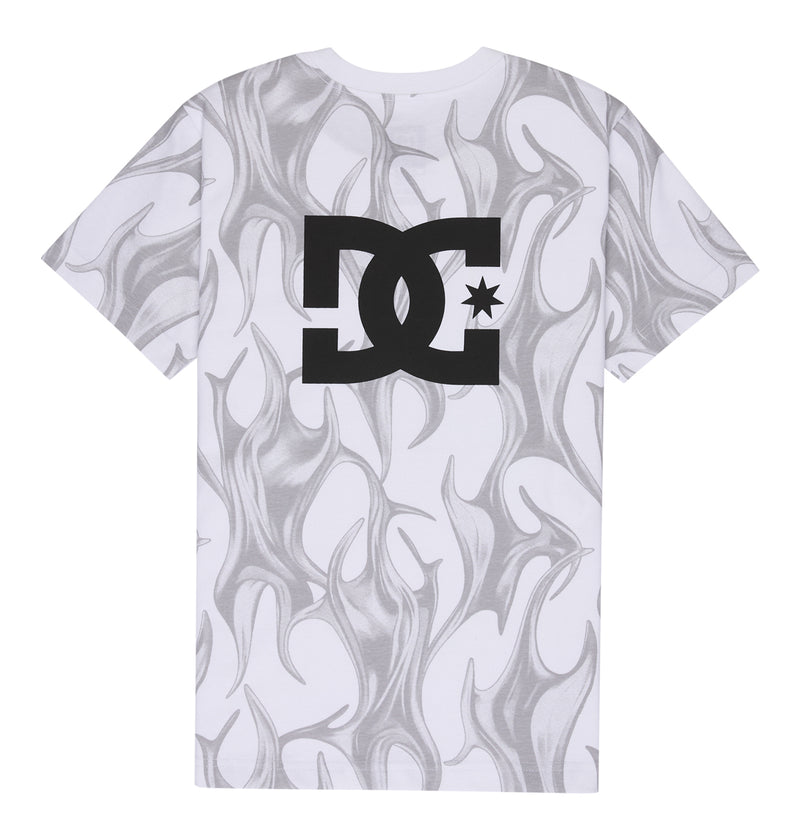 The Reebok DC Liquid Fuego Hss Youth is a white T-shirt featuring a gray abstract flame design and a large black DC logo with a star in the center on the back.