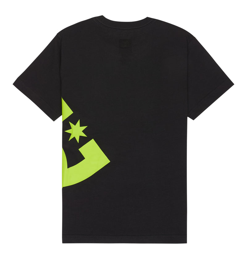 The Reebok Lanai Youth Hss is a black short-sleeve t-shirt with a bold yellow-green star and crescent graphic on the lower left back.
