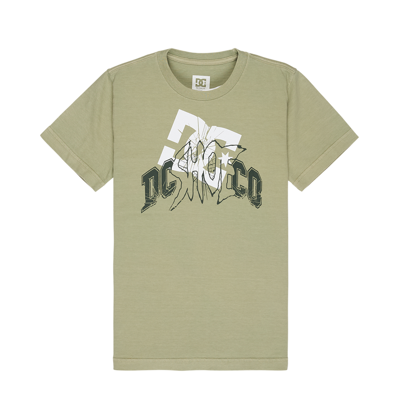 The DC Speratic Tee Youth by DC Shoes is a light olive green, short-sleeve graphic skate t-shirt featuring a bold white and black heritage-inspired DC Shoes logo across the chest. This relaxed fit tee is showcased against a plain white background.