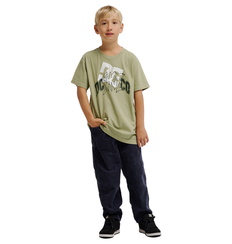 A blonde boy stands with one hand in his pocket against a plain white background, wearing the DC Shoes DC Speratic Tee Youth—a light green, heritage-inspired graphic skate t-shirt in a relaxed fit—paired with dark pants and black sneakers.