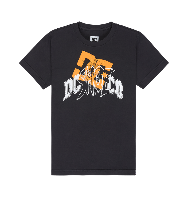 Stay true to skate style with the DC Speratic Tee Youth by DC Shoes—a black, short-sleeve t-shirt featuring a large, distressed orange DC logo and bold white "DCSHOECO" text in a fragmented graphic design across the front for an authentic skater look.