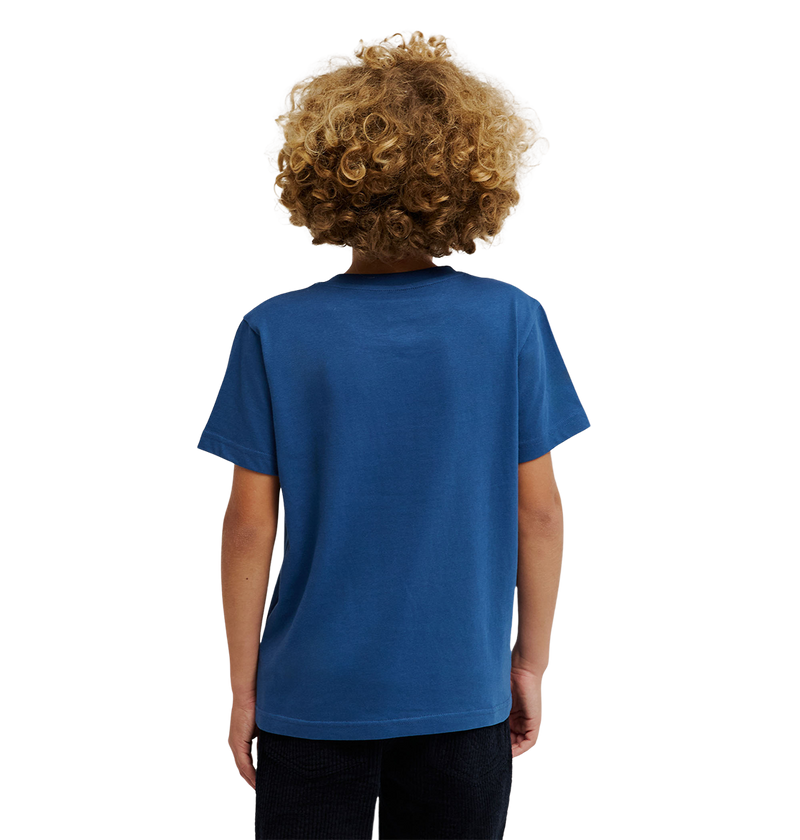 A child with curly blonde hair, wearing the DC Shoes DC Star Filled Tee Youth in blue and dark pants, is standing facing away from the camera against a plain white background.