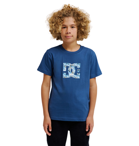 A child with curly blond hair faces forward against a plain white background, wearing the DC Shoes "DC Star Filled Tee Youth," a blue skate t-shirt featuring bold DC star artwork.