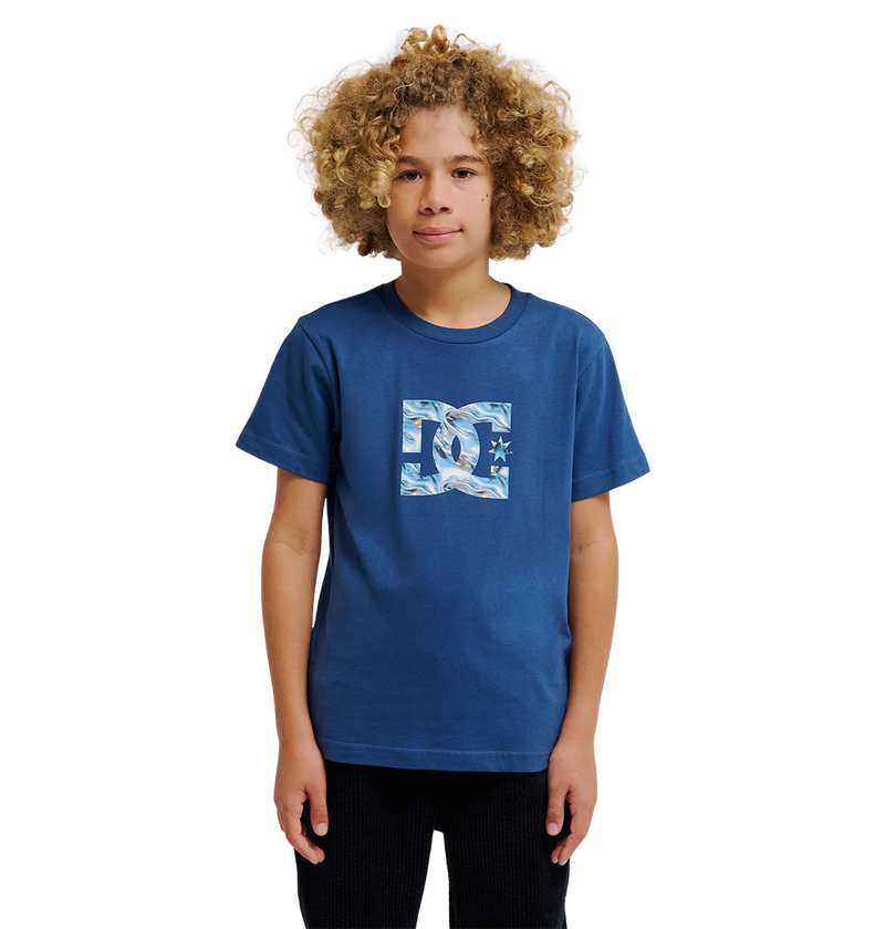A child with curly blond hair faces forward against a plain white background, wearing the DC Shoes "DC Star Filled Tee Youth," a blue skate t-shirt featuring bold DC star artwork.
