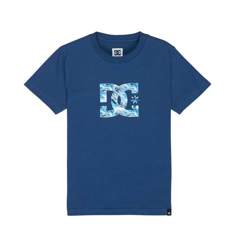 DC Shoes "Star Filled Tee Youth" – a relaxed fit blue T-shirt featuring a square wavy blue and white graphic with the DC Shoes logo centered, accented by the brand’s signature DC star artwork on the right side.