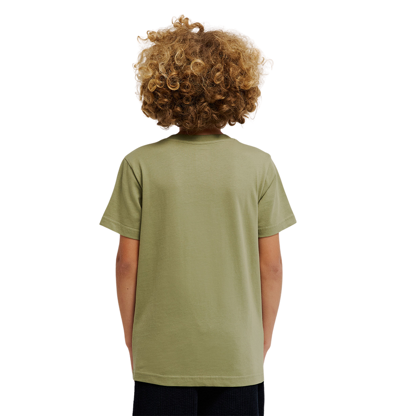 A child with curly blond hair, wearing the DC Shoes DC Star Filled Tee Youth in light olive-green cotton and dark shorts, stands facing away from the camera against a plain white background.