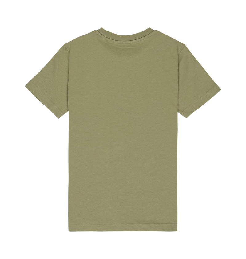 Back view of the DC Star Filled Tee Youth by DC Shoes, a plain olive green short-sleeve t-shirt crafted from soft cotton, displayed on a white background.