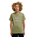 A young person with curly hair is wearing the DC Shoes DC Star Filled Tee Youth, an olive green soft cotton t-shirt with a square camouflage-patterned logo on the chest inspired by iconic DC star artwork, standing against a plain white background.