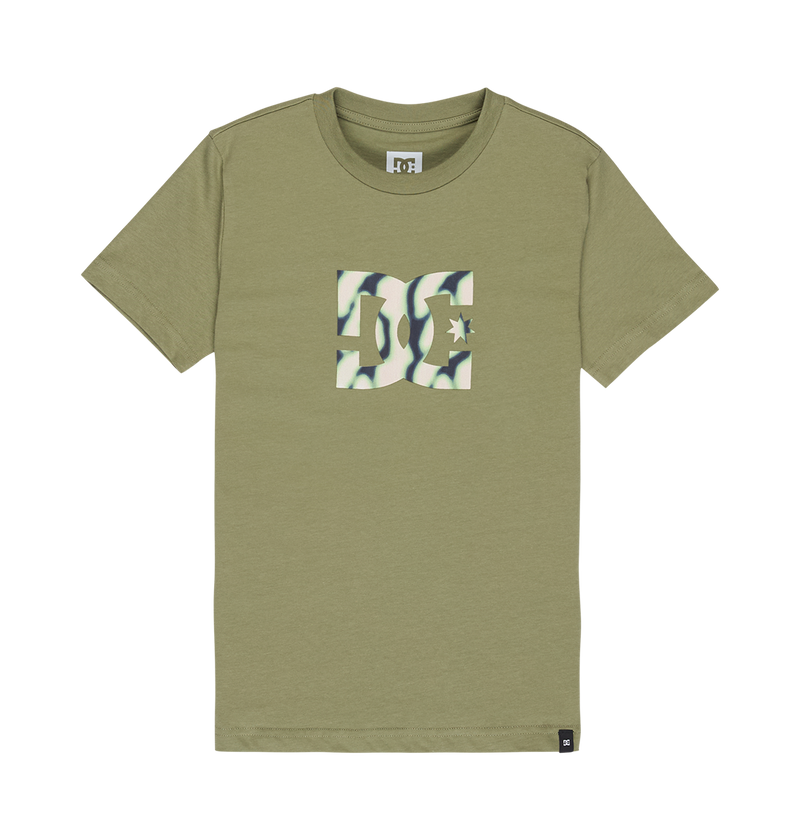 The DC Shoes DC Star Filled Tee Youth is an olive green short-sleeve t-shirt featuring a camouflage-patterned DC star logo on the chest. Laid flat on a white background, this soft cotton graphic skate tee combines comfort with bold style.