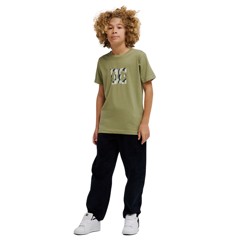 A young person with curly hair wears the DC Shoes DC Star Filled Tee Youth in olive green—a relaxed fit skate t-shirt featuring the iconic DC star graphic—paired with black pants and white sneakers, standing against a plain white background.