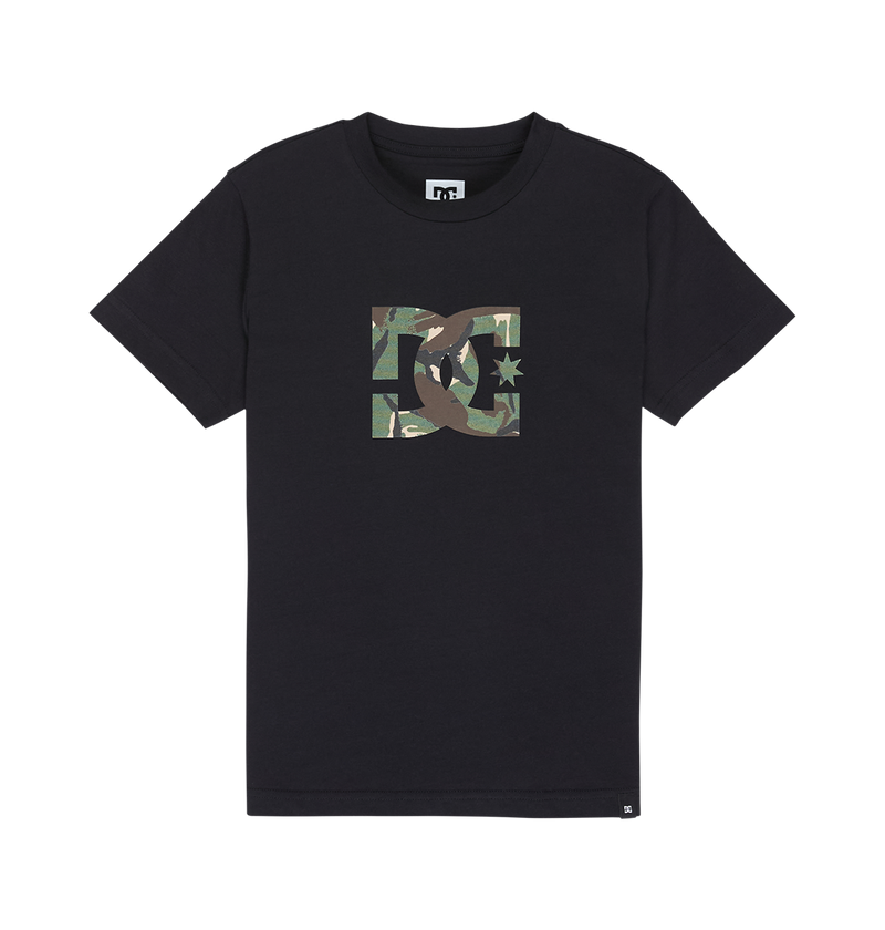 Introducing the DC Shoes Star Filled Tee Youth: a black short-sleeve t-shirt featuring a camo-patterned graphic logo centered on the chest. Showcasing iconic DC star artwork with abstract shapes and a distinctive star-in-a-square design, this relaxed-fit skate tee delivers bold style for everyday wear.