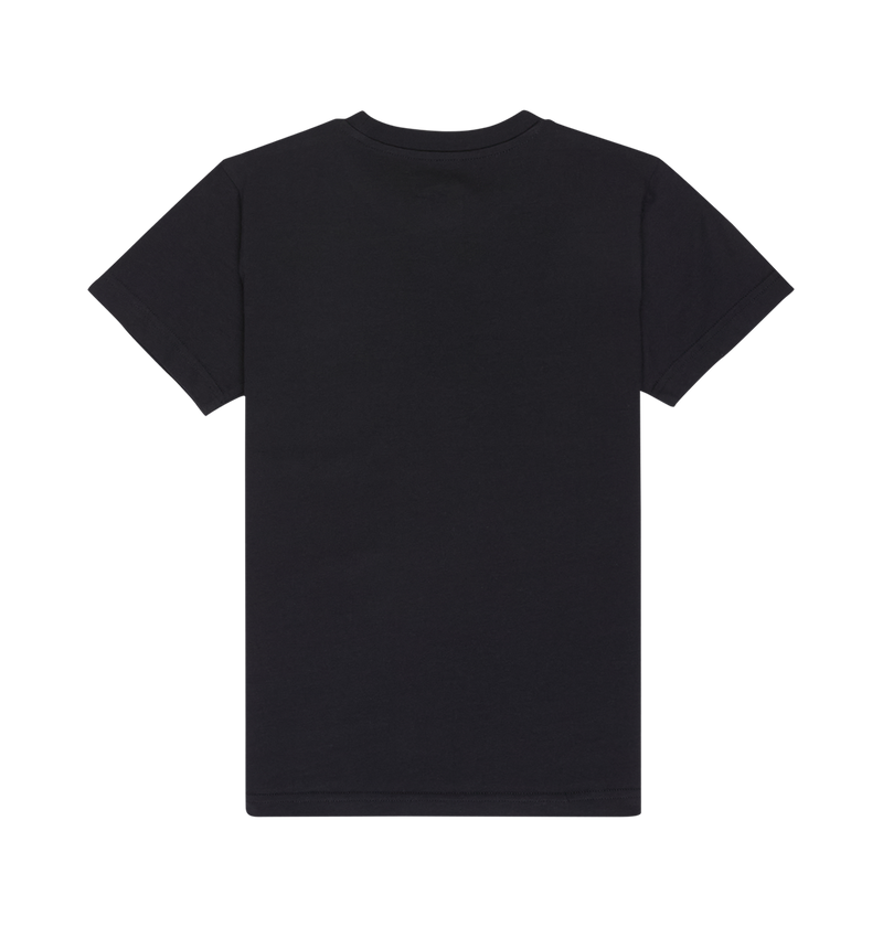 The DC Shoes DC Side Flame Tee Youth is shown laid flat with the back side facing up against a white background. This short-sleeve T-shirt features a relaxed fit and comes in plain black.