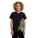 A young person with curly blond hair wears the DC Shoes DC Side Flame Tee Youth, a relaxed fit black skate t-shirt featuring a neon green and white abstract design on the lower side, standing against a plain white background.