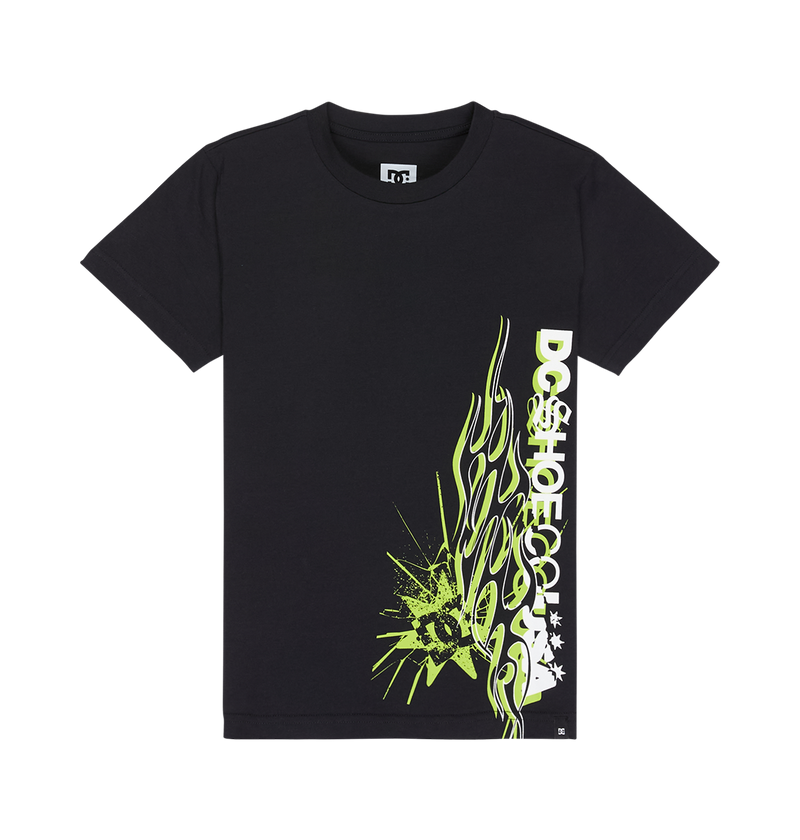 The DC Shoes Side Flame Tee Youth is a black, relaxed-fit skate t-shirt featuring neon yellow abstract flame artwork and bold white “DC SHOES” lettering along the right side. This graphic tee stands out with striking splatter effects and a prominent DC Shoes logo, displayed here on a plain white background.