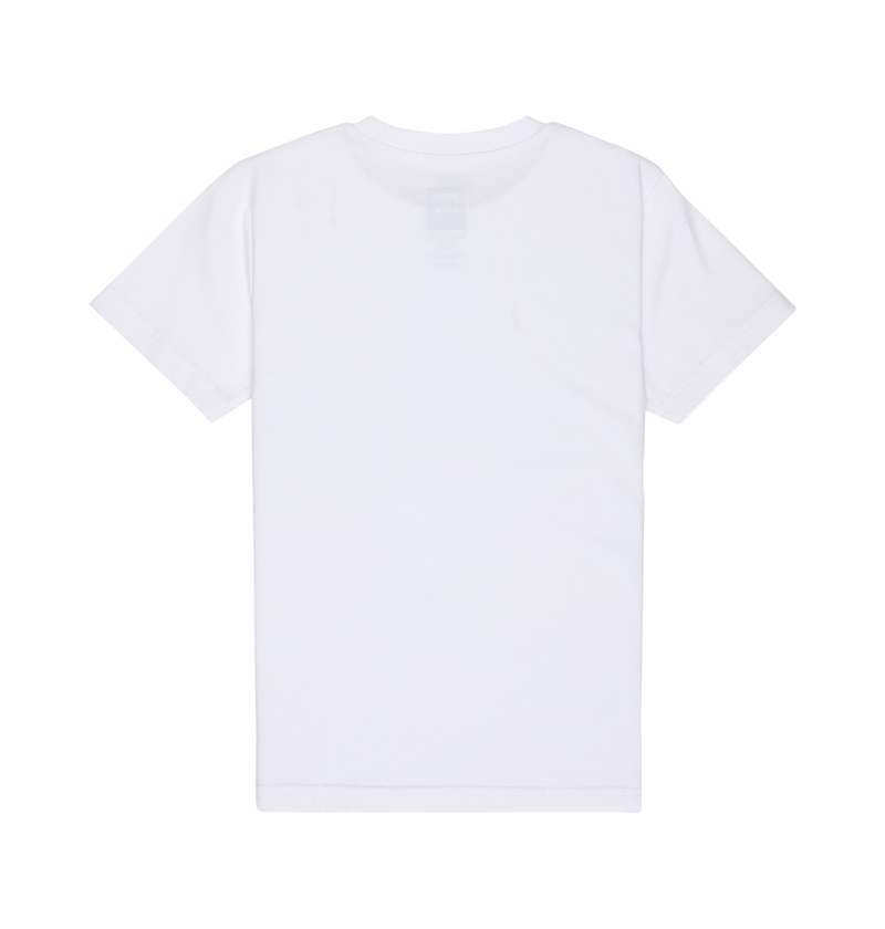 The DC Shoes DC Side Flame Tee Youth is a plain white short-sleeve t-shirt displayed flat with the back side facing up, featuring a relaxed fit and minimal details, with no visible designs or logos.