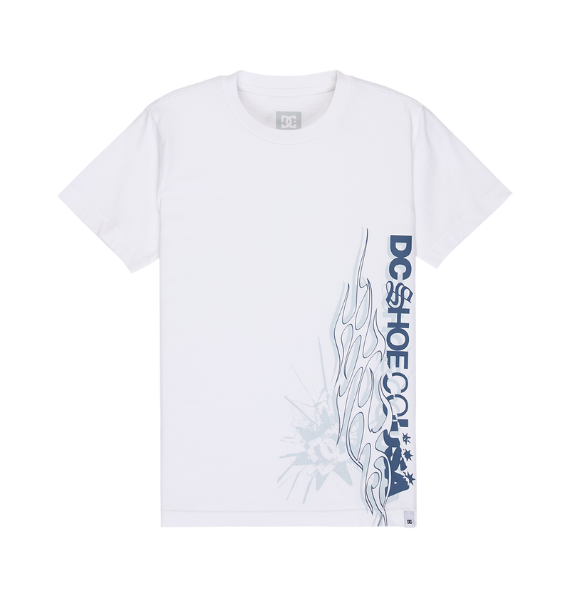 The DC Side Flame Tee Youth by DC Shoes is a white, short-sleeve skate t-shirt featuring a blue DC Shoes logo and abstract flame graphics on the lower right side. Designed with a relaxed fit, classic crew neckline, and a small tag at the bottom hem.