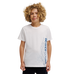 A child with curly blond hair poses against a plain white background, wearing the DC Shoes Side Flame Tee Youth—a relaxed fit white T-shirt with blue "DC SHOE CO." text and an abstract flame artwork design on the lower side.