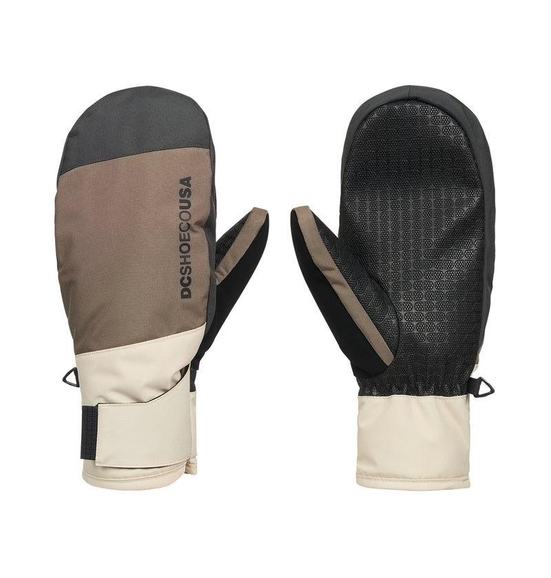 A pair of DC Shoes Franchise Mitts W 10K snow gloves, featuring color-blocked panels in beige, brown, and black—one displaying a textured palm grip and the other the DCSHOECOUSA logo on the back. Engineered for superior weather protection and insulated warmth, these mittens include adjustable wrist straps for a secure fit.