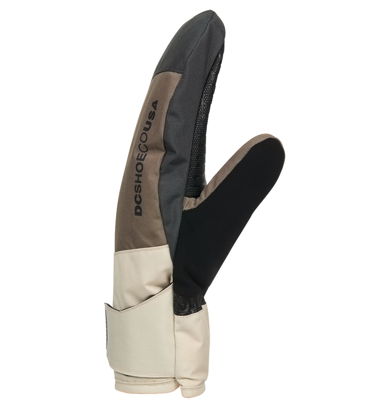 The DC Shoes Franchise Mitts W 10K is a single tri-color snowboard mitt featuring beige, black, and brown panels with “DCSHOECOUSA” text. Designed for warmth and weather protection, it features an insulated build and a divided shape separating the fingers from the thumb.
