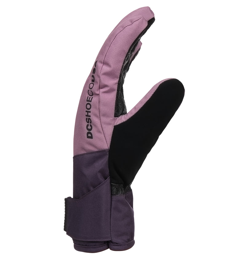 A purple and black Franchise Gloves W 10K by DC Shoes, featuring a split design for separate thumb and index finger, DCSHOECOUSA branding on the side, insulated warmth for cold days, and an adjustable wrist strap.