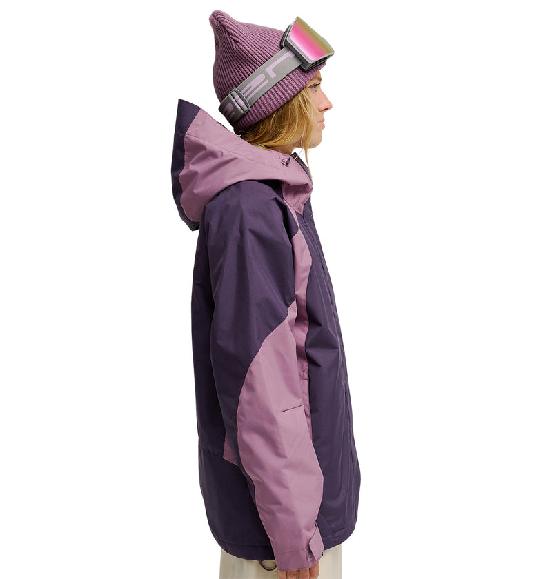 A person wearing the DC Shoes Everfrost Jacket in purple and lavender, paired with a lavender beanie and ski goggles, is shown in profile facing right against a white background.
