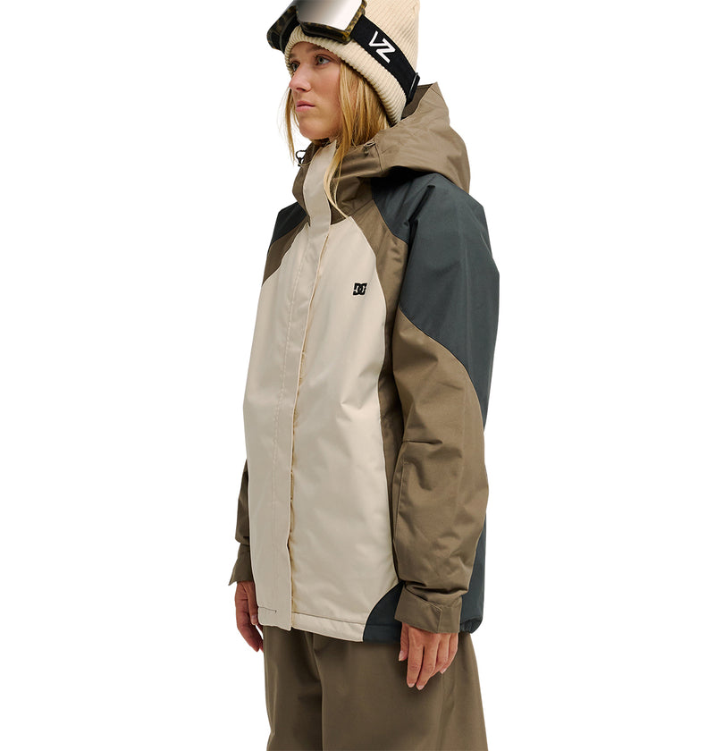 A person wearing the DC Shoes Everfrost Jacket in beige and dark green, paired with brown pants and ski goggles over a beanie, stands against a plain white background.