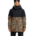 A person faces forward against a white background wearing the DC Shoes Cruiser Jacket in black and leopard print, paired with black ski goggles on their head.