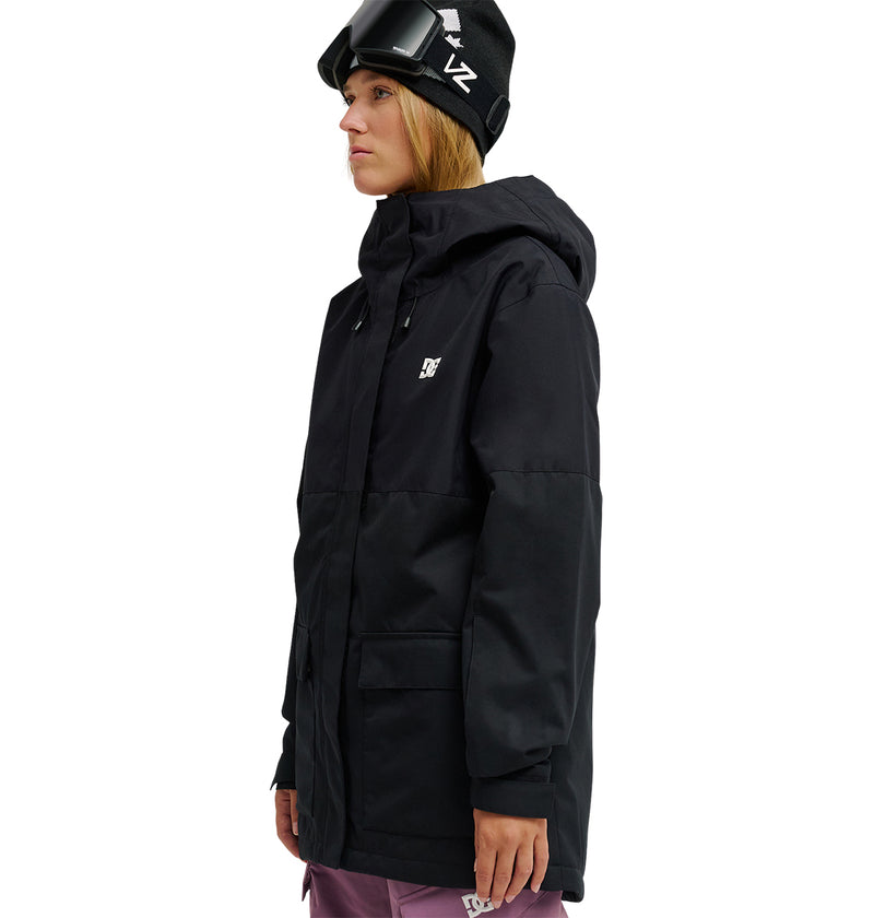 A person in a black DC Shoes Cruiser Jacket, black beanie, and ski goggles stands facing left against a white background.