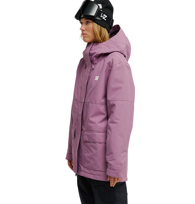 A person wearing a purple DC Shoes Cruiser Jacket, black ski goggles, and a black beanie stands facing left against a white background.