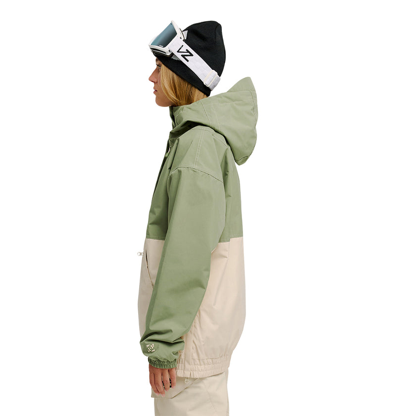 A woman in profile stands against a white background wearing the DC Shoes Chalet Anorak in green and beige, known for its exceptional snow performance, paired with beige pants, a black beanie, and ski goggles.