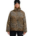 Clad in the DC Shoes Aura Puffer Jacket—a leopard-print, waterproof outer layer—paired with black snow pants and black ski goggles, this look merges bold style with breathable protection for peak snow performance against a white backdrop.