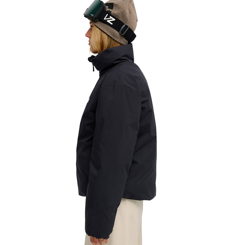Wearing the DC Shoes Aura Puffer Jacket, tan pants, a tan beanie, and ski goggles, a person stands in profile facing left against a white background.